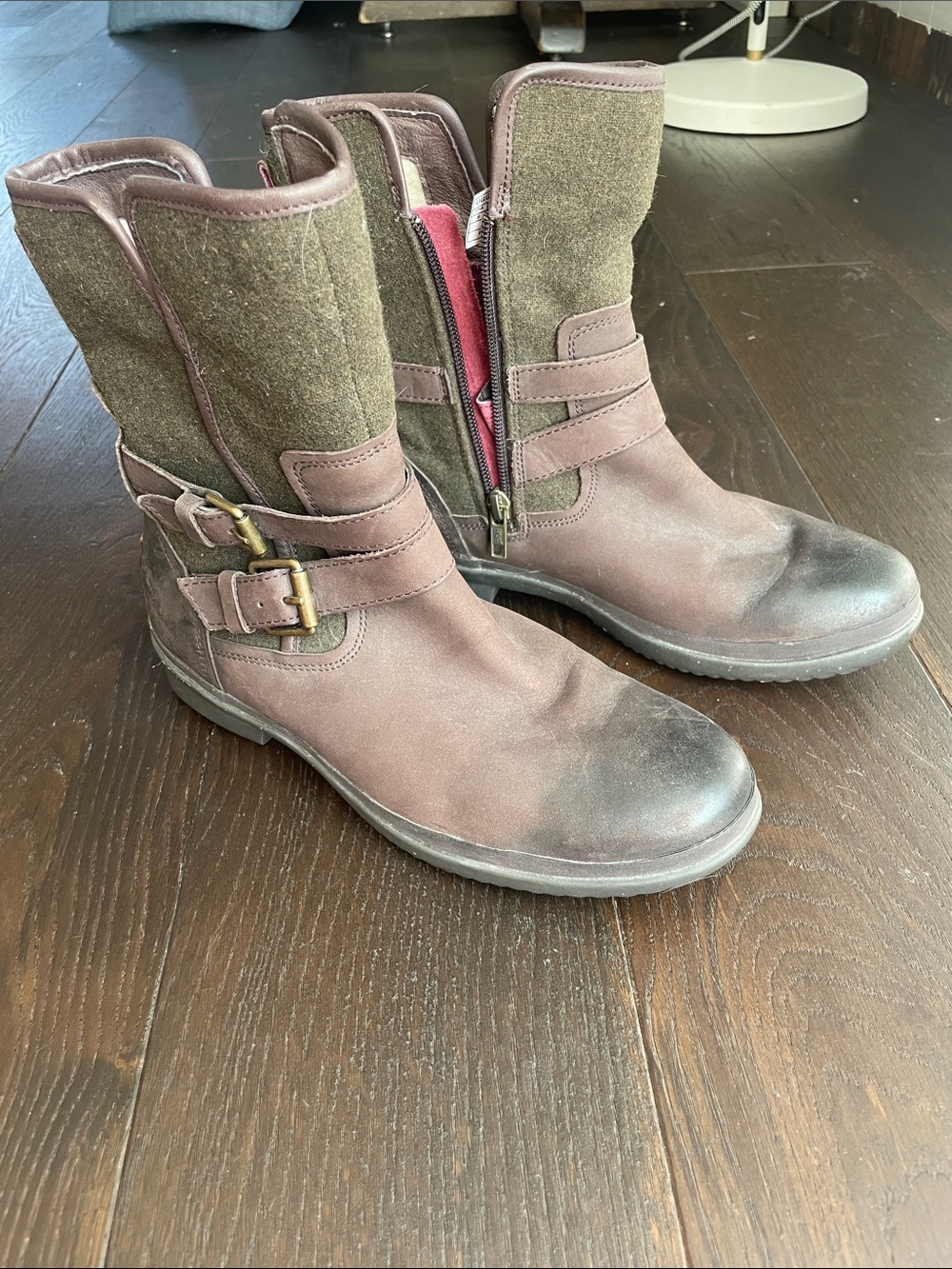 UGG Brown Leather & Olive Fabric Mid-Calf Buckle Boots